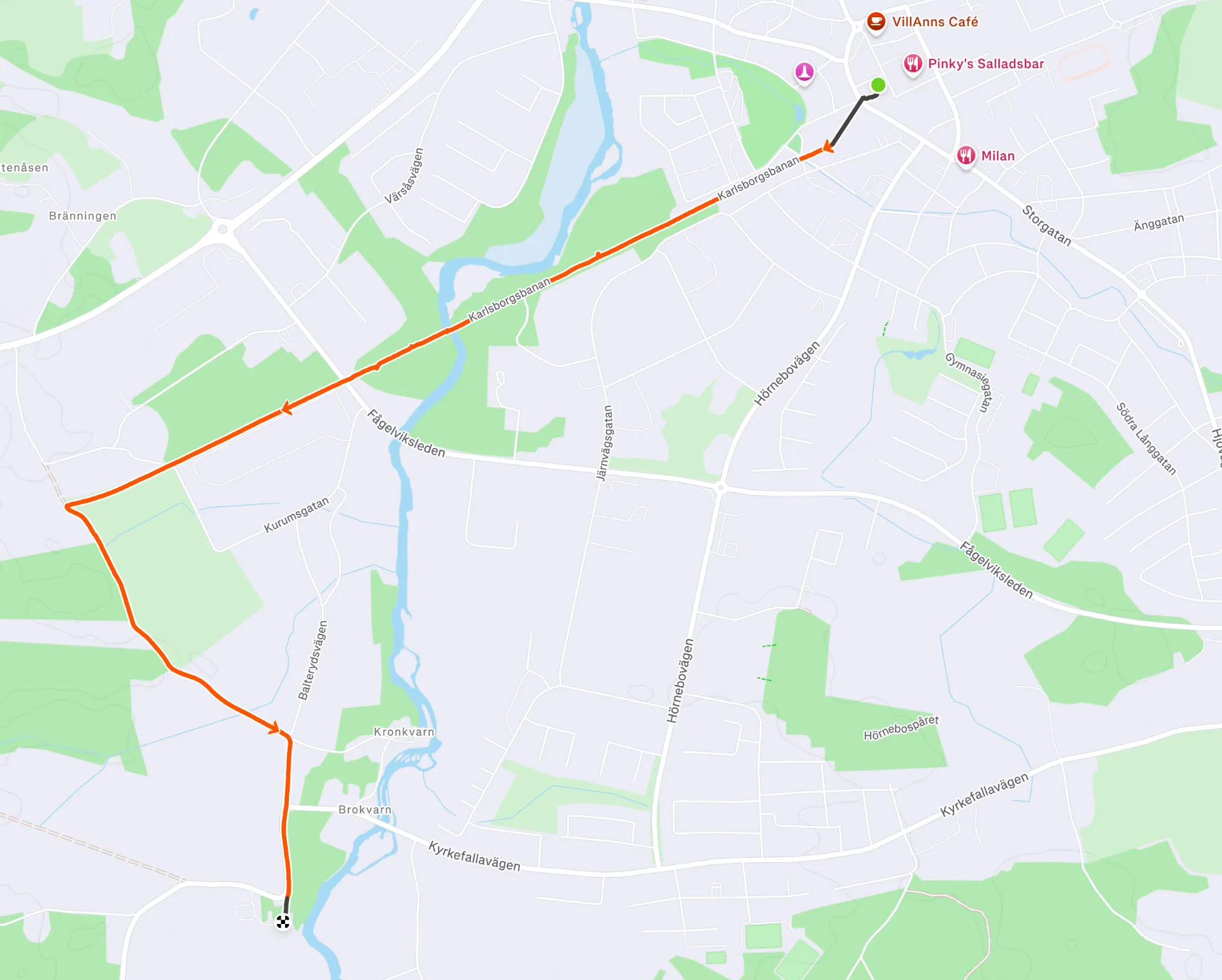 Karta över cykel- och gångrutt mellan Ingelsby Gård och Tibro centrum