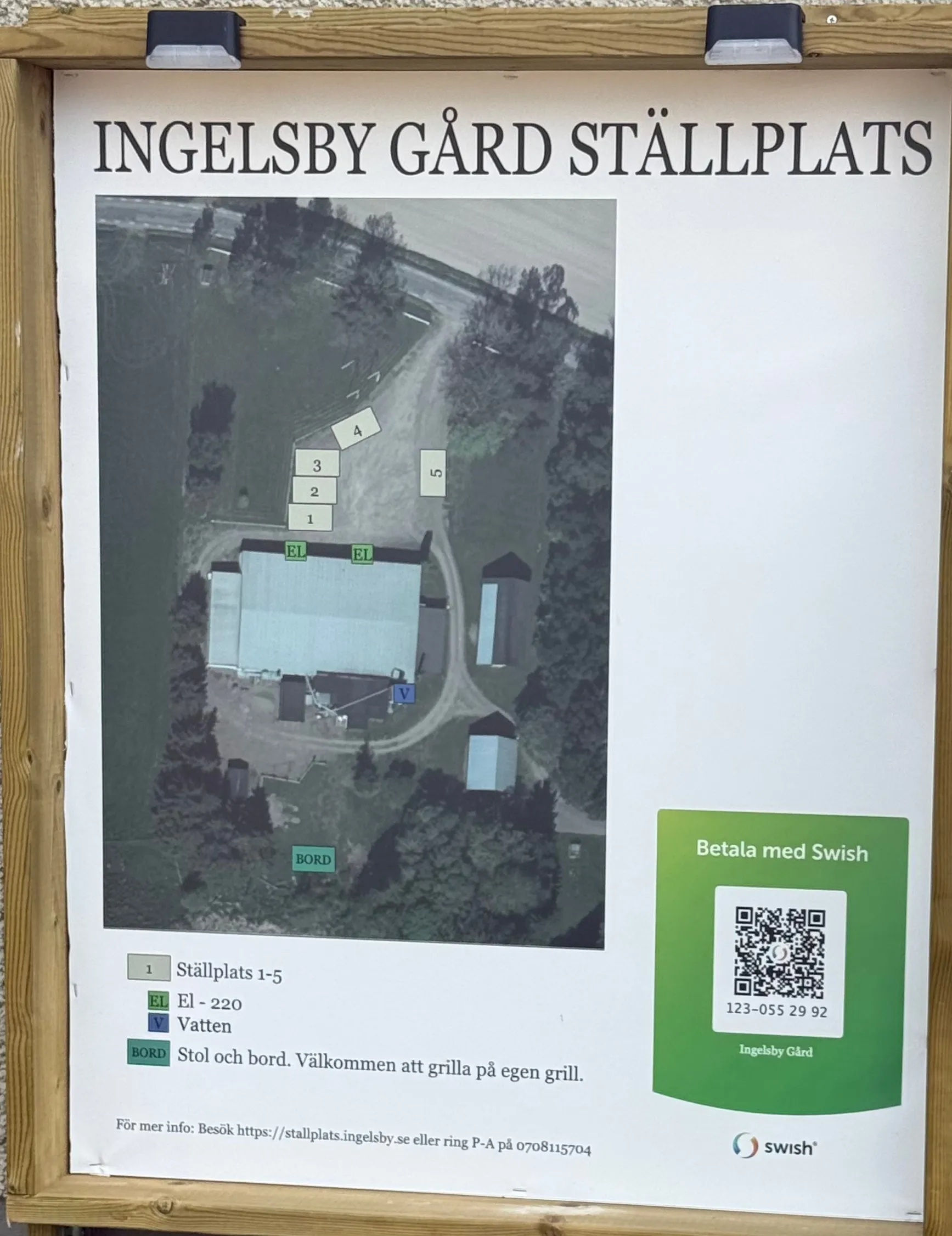 Informationsskylt vid Ingelsby Gård Ställplats med flygfoto över gården, numrerade ställplatser 1–5, markeringar för el, vatten och bord samt QR-kod för Swish-betalning